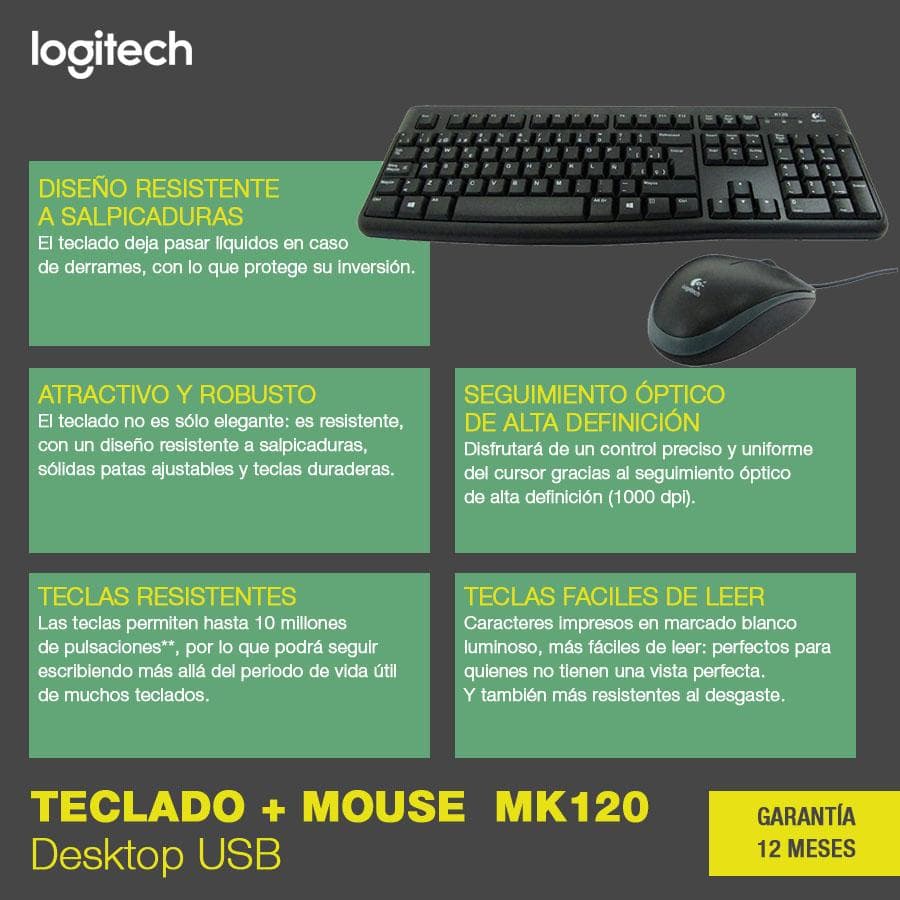 Teclado y Mouse Usb Logitech (MK120) Negro — miniatura 3