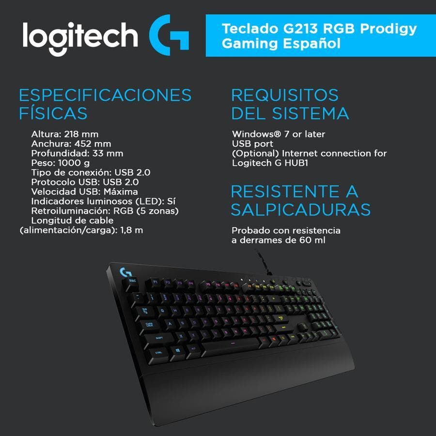 Teclado Logitech G213 RGB Prodigy Gaming Español — miniatura 3