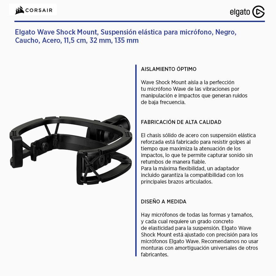 Elgato Wave Shock Mount -  Suspensión elástica para micrófono - Negro, Caucho, Acero, 11,5 cm, 32 mm, 135 mm — miniatura 2