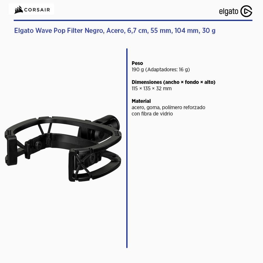 Elgato Wave Shock Mount -  Suspensión elástica para micrófono - Negro, Caucho, Acero, 11,5 cm, 32 mm, 135 mm — miniatura 3