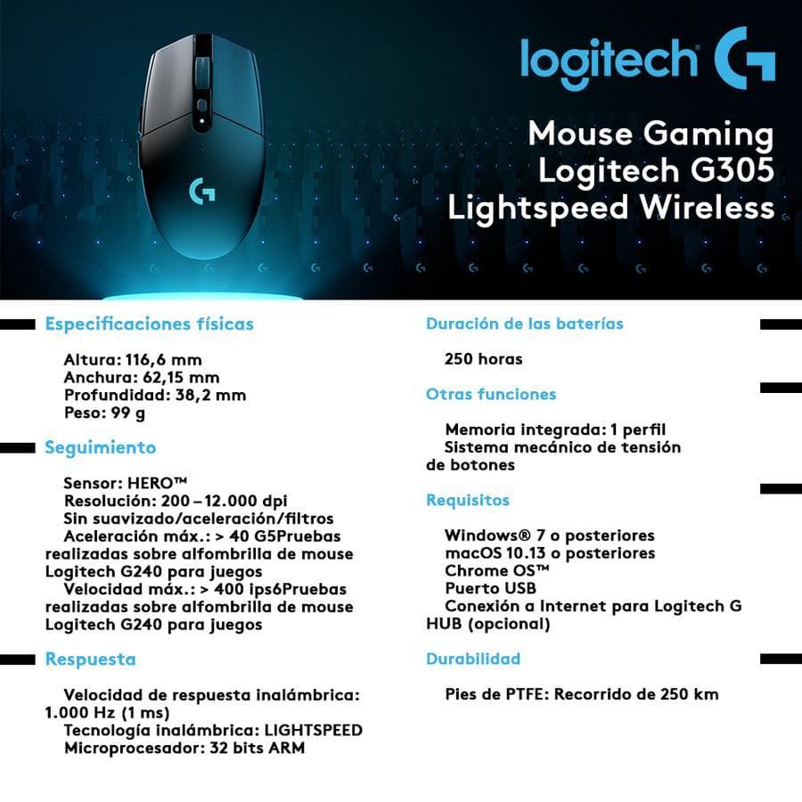 Mouse Inalámbrico Logitech LightSpeed (G305) Negro  — miniatura 3