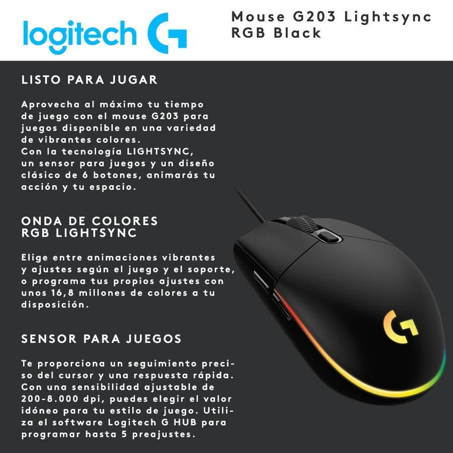 Mouse Gamer Usb Logitech Lightsync (G203) Negro — miniatura 2