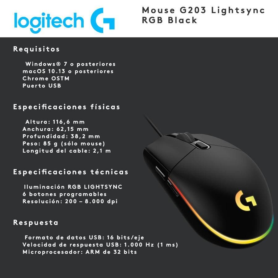 Mouse Gamer Usb Logitech Lightsync (G203) Negro — miniatura 3