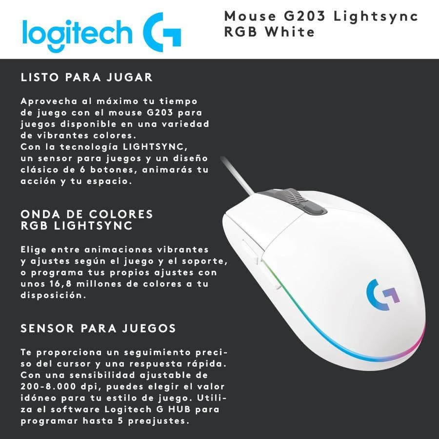 Mouse Gamer Usb Logitech Lightsync (G203) Blanco — miniatura 2