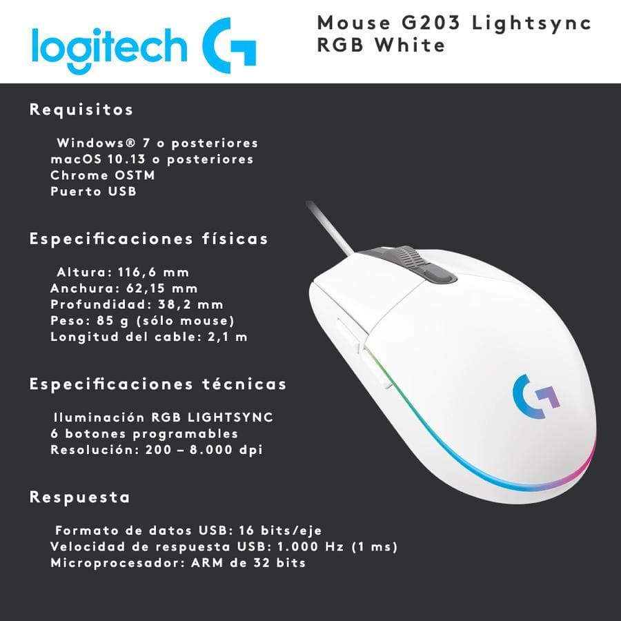 Mouse Gamer Usb Logitech Lightsync (G203) Blanco — miniatura 3