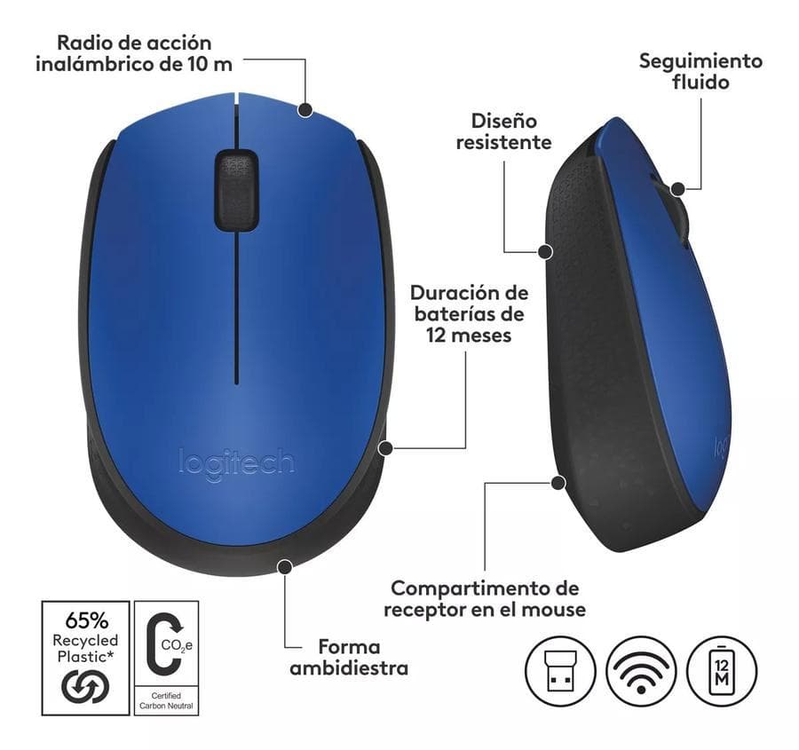 Mouse Inalámbrico Logitech (M170) Azul  — miniatura 3