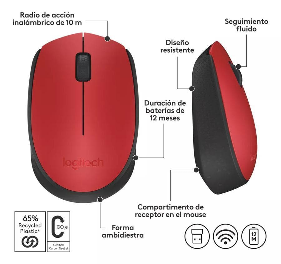Mouse Inalámbrico Logitech (M170) Rojo — miniatura 3