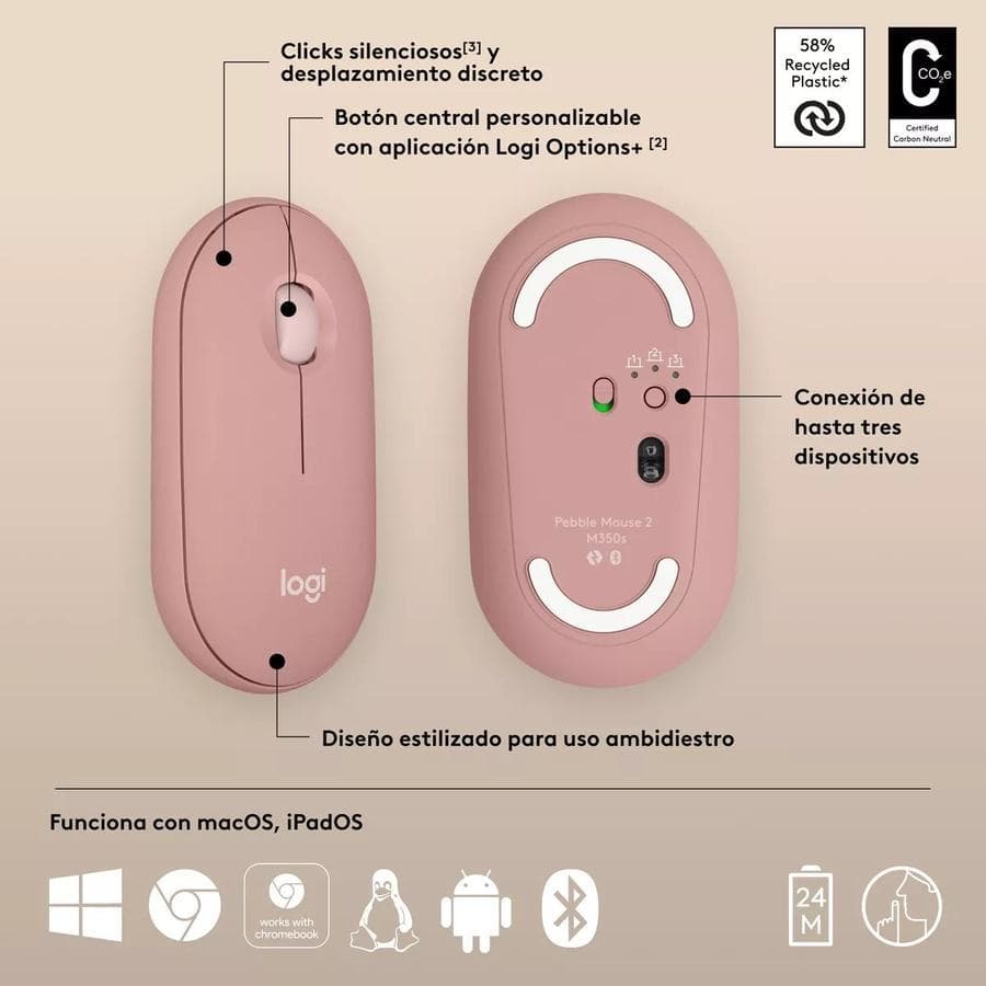 Mouse Logitech Pebble 2 M350S, Bluetooth Multidispositivo Rosa — miniatura 2