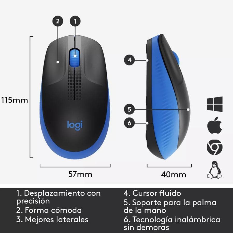 Mouse Inalámbrico Full-Size Logitech M190, Negro / Azul — miniatura 2