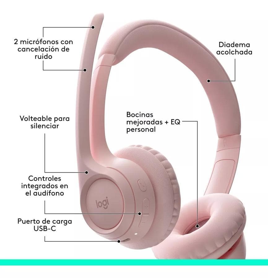 Auricular Inalámbricos Logitech Zone 300 Con Micrófono Rosa — miniatura 3