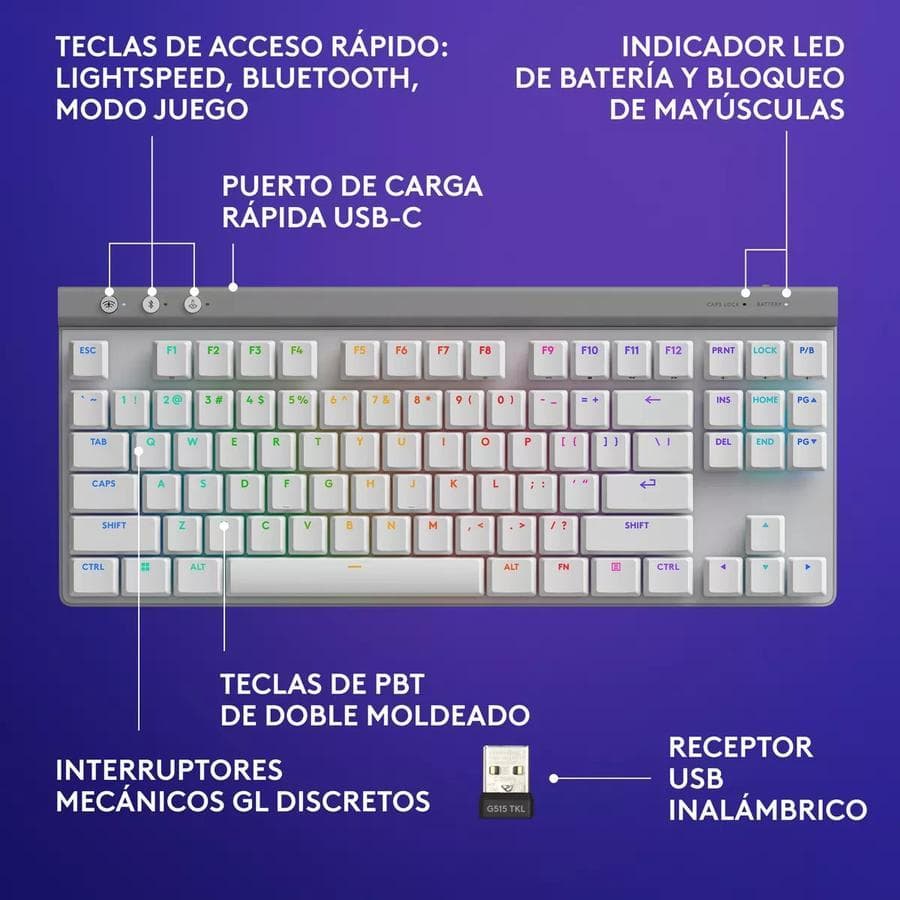 Teclado Gamer Logitech G515 Lightspeed Tkl Wireless Blanco — miniatura 2