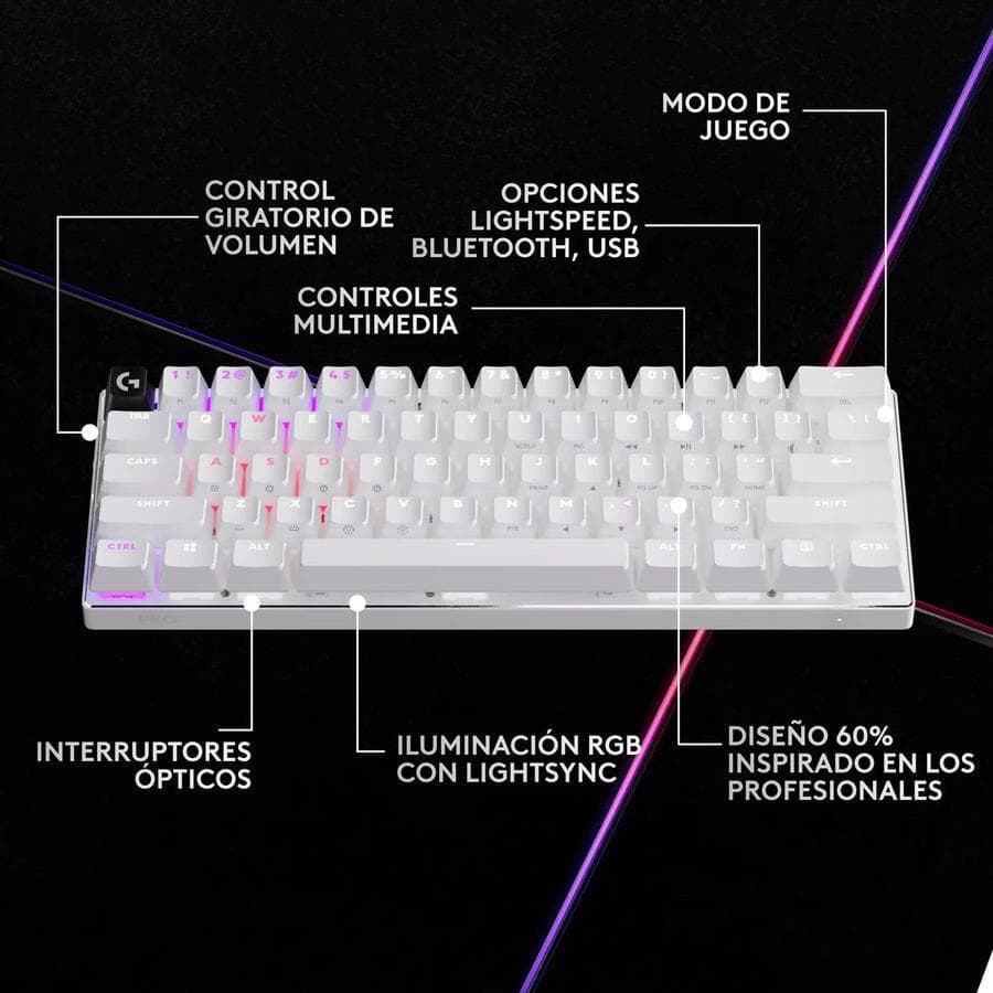 Teclado Gamer Logitech Pro X 60, Inalámbrico Lightspeed Blanco — miniatura 7