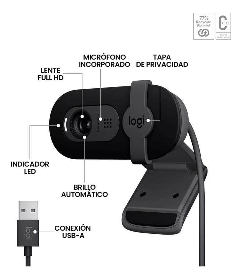 Cámara Web Full Hd 1080P, Rightlight 2, Logitech Brio 100 Negro — miniatura 3