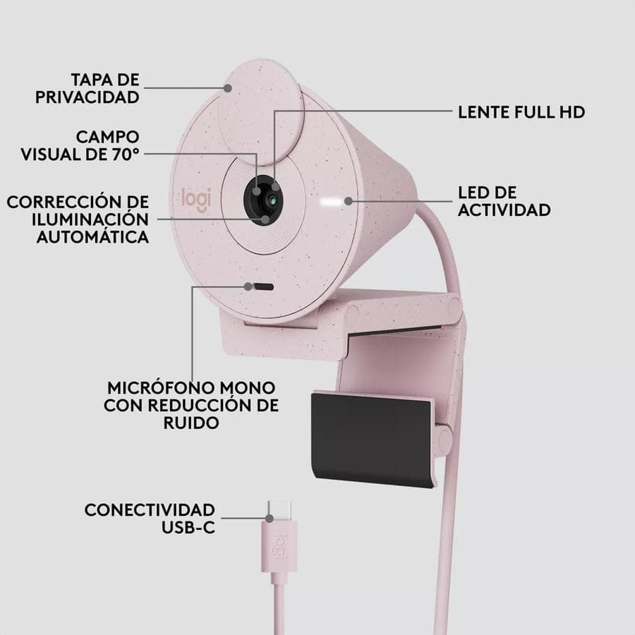 Webcam Full Hd 1080P, Logitech Brio 300, Rightlight 2, Usb-C Rosa — miniatura 4