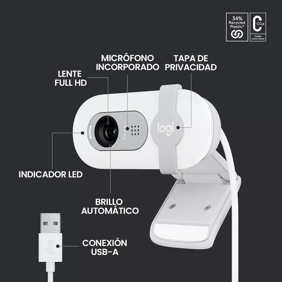Cámara Web Full Hd 1080P, Rightlight 2, Logitech Brio 100 Blanco — miniatura 3