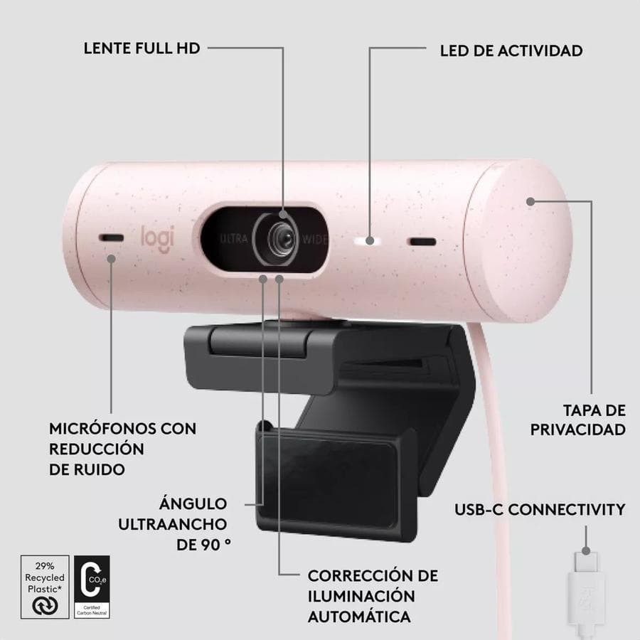 Cámara Web Full Hd 1080P, Rightlight 4, Logitech Brio 500 Rosado — miniatura 3