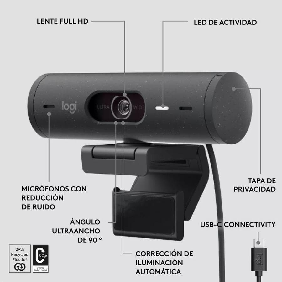 Webcam Full Hd 1080P, Rightlight 4, Logitech Brio 500 Negro — miniatura 8