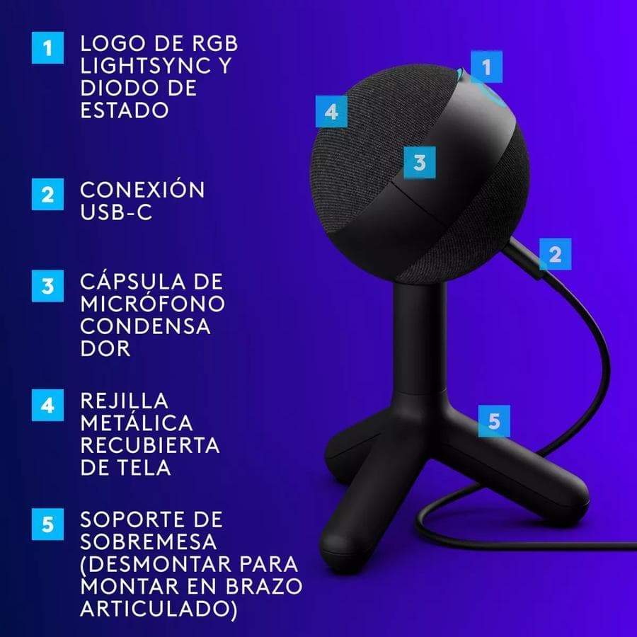 Micrófono Gamer Condensador Rgb Lightsync Logitech Yeti Orb — miniatura 2