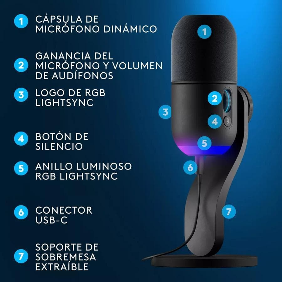 Micrófono Usb Gamer Dinámico Rgb Lightsync Logitech Yeti Gx — miniatura 6